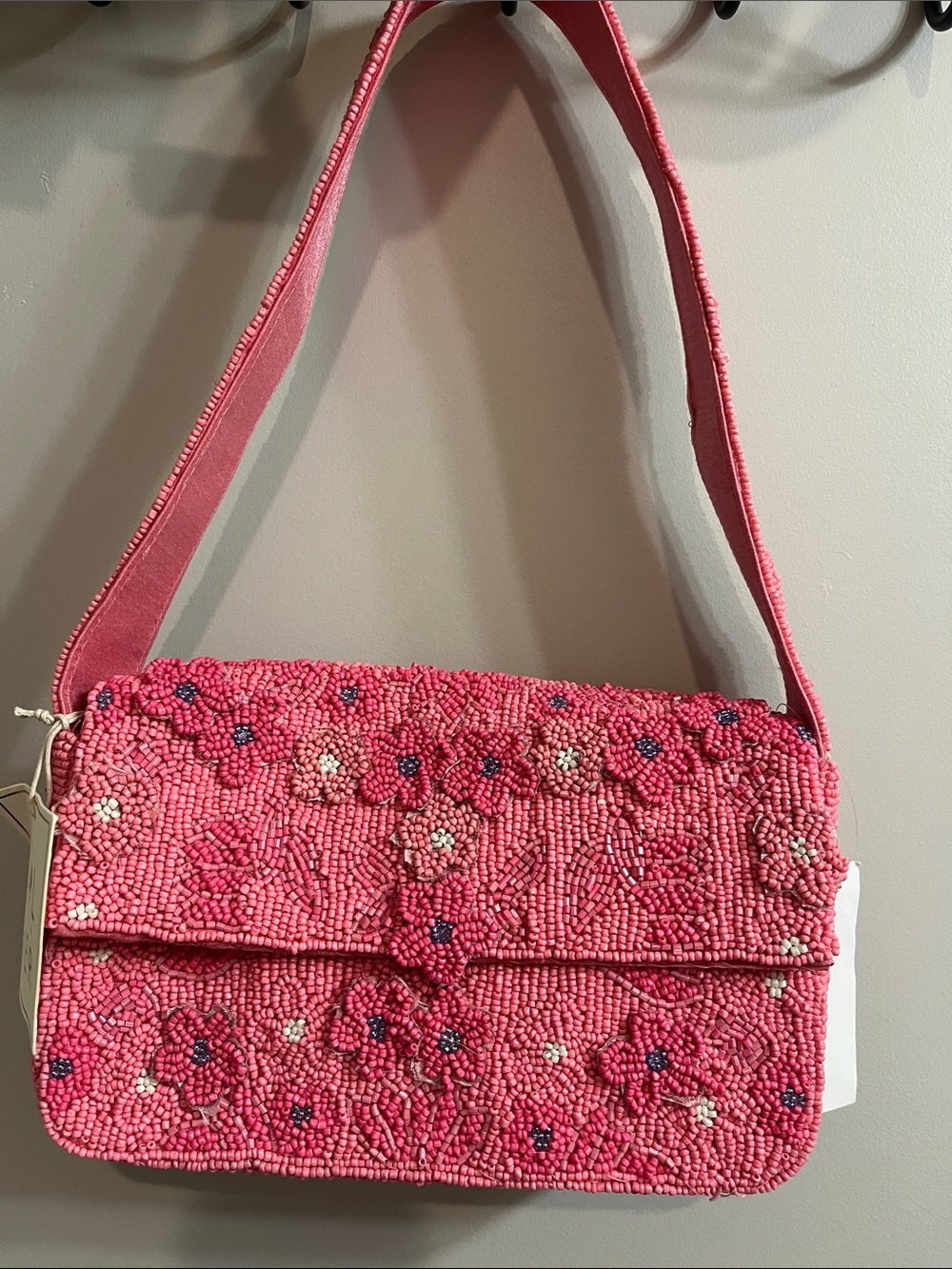 Pink Beaded Floral Shoulder Bag